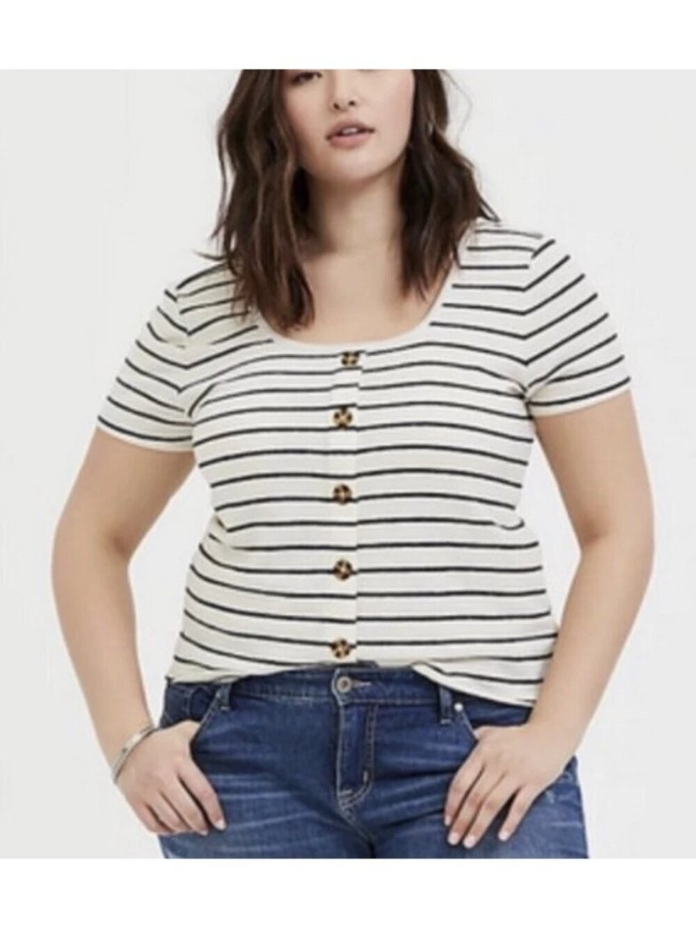 Torrid Black & Ivory Striped Rib Cropped Button Blouse Plus Size 2 Scoop Neck